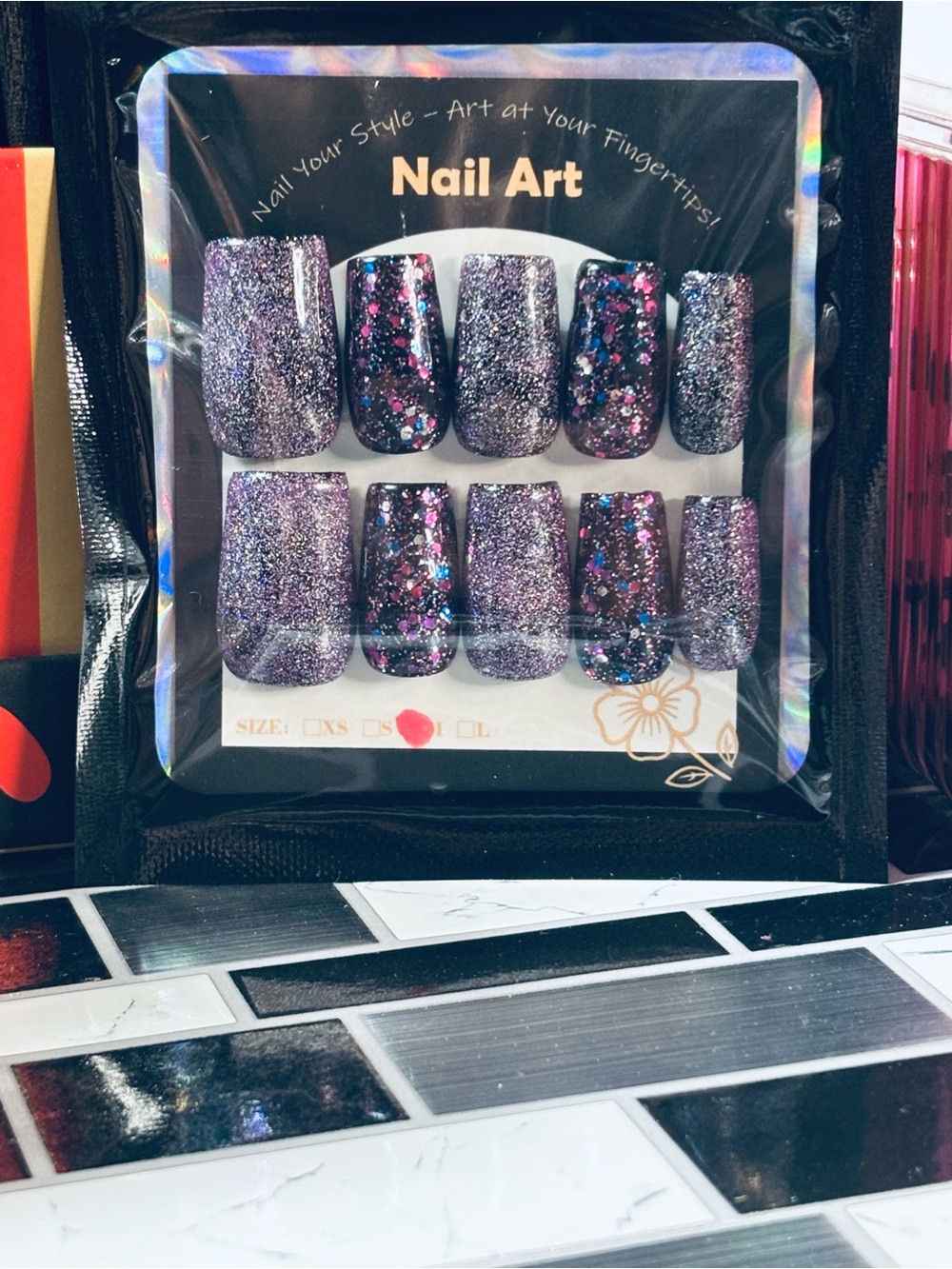 Nail Art Press-On Set — Glittery Purple Sparkle